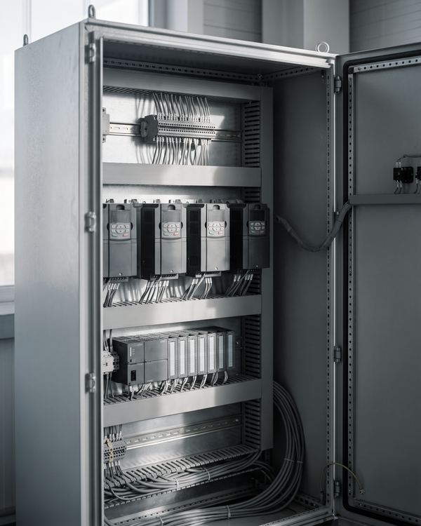 Illustration: open control cabinet with variable frequency drives and PLC modules