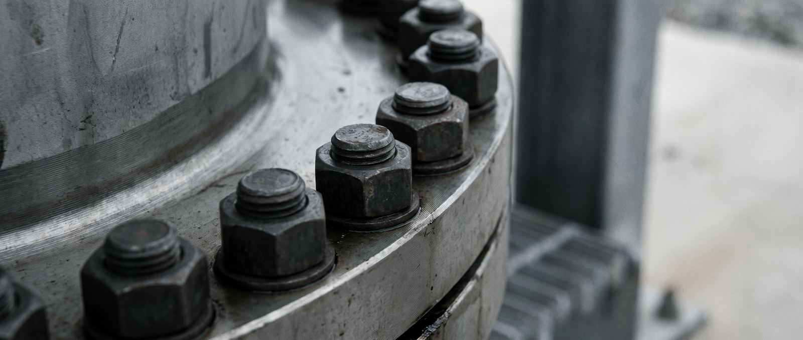 Illustration: close-up of a steel pipe flange with a ring of hex bolts