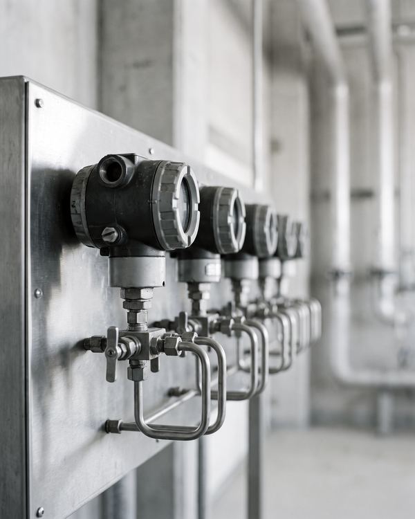 Illustration: pressure transmitters with valve manifolds on a stainless steel instrument panel