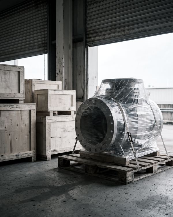 Illustration: flanged valve wrapped in film on a pallet next to export crates at a loading dock