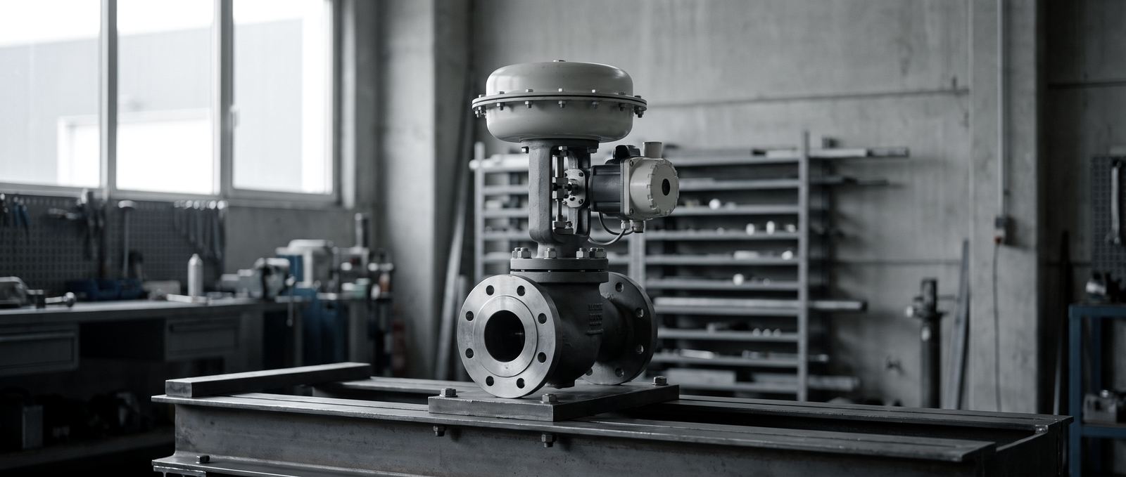 Illustration: pneumatic control valve with actuator and positioner on a workshop test bench